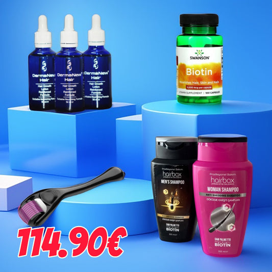 3pcs Dermanewhair serum+DermaRoller+Swanson Biotin for hair, skin and nails+Shampoo